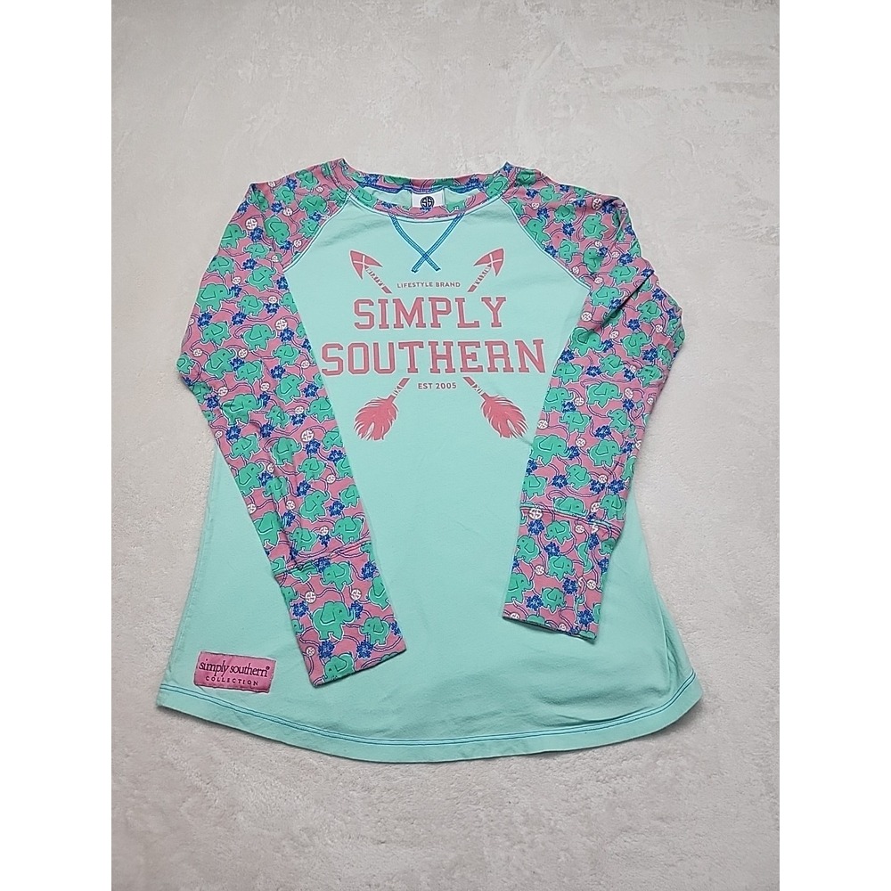 Simply Southern Elephant Tribe Long Sleeve Raglan Shirt Top Green Pink Large